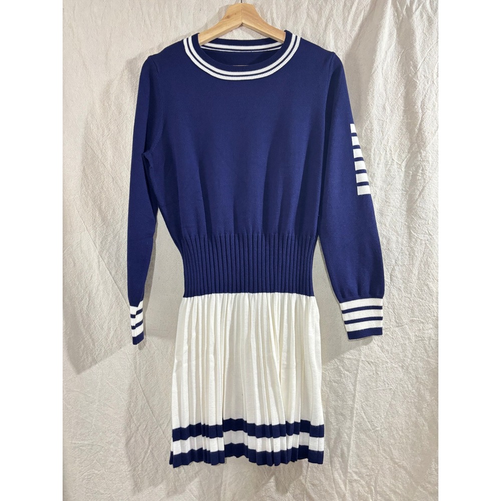 Navy Blue White Nautical Striped Long Sleeve Pleated Knit Sweater Dress Large